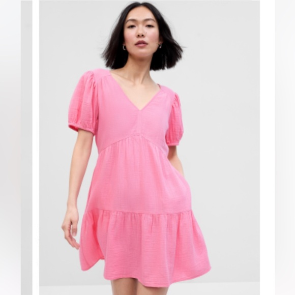 GAP Dresses & Skirts - Gap Crinkle Puff sleeve Barbie Pink tiered mini dress babydoll May Pink XL